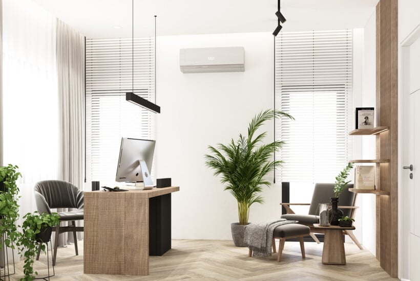 Bright Office interior with smart blinds and AC system